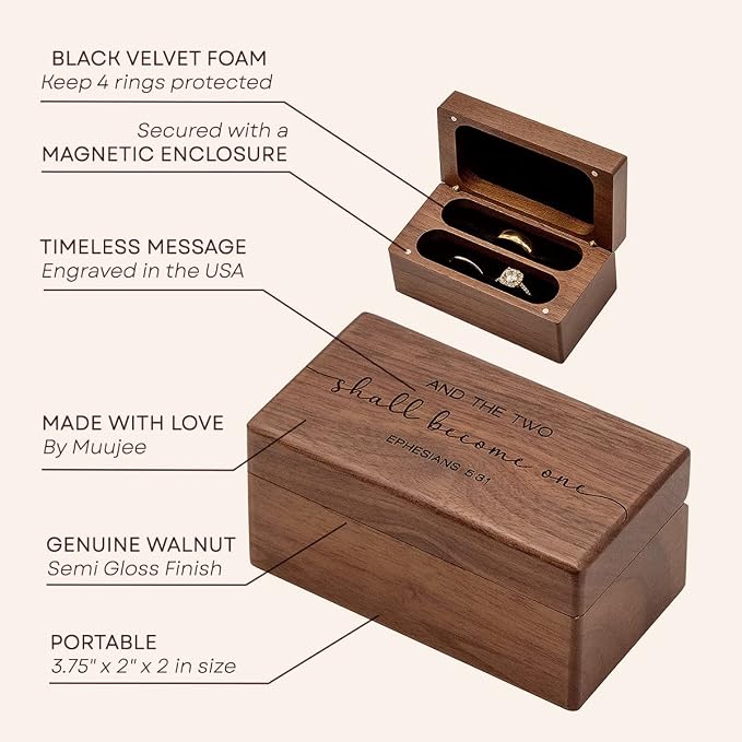 MUUJEE Ephesians 5:31 Quad Ring Box - Engraved Wooden Ring Case Box for Wedding Ceremony Ring Bearer Anniversary Birthday Valentines Gift Ideas
