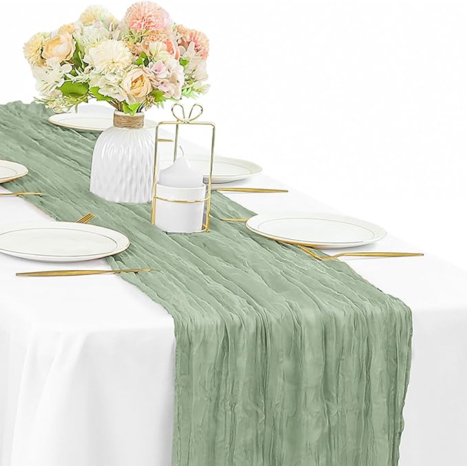 10FT Sage Green Cheesecloth Table Runner 35 x 120 Inches Long Runner for Tables Gauze Fabric Boho Table Runner Decoration Rustic Sheer Runner for Wedding Baby Shower Birthday Party (Sage Green)