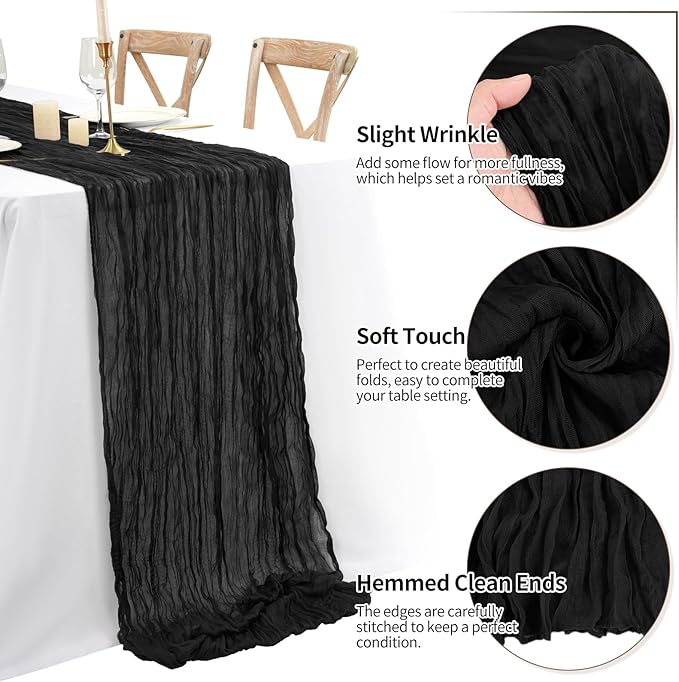 8 Pack 10Ft Cheesecloth Table Runner Black, 20 x 120 Inch Rustic Gauze Boho Cheese Cloth Wedding Long Table Runner for Wedding Party Bridal Shower Decoration