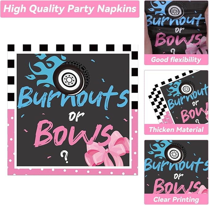 50 Guests Burnouts or Bows Gender Reveal Plates and Napkins Party Supplies Boys or Girls Baby Shower Party Decorations Disposable Tableware Set Gender Reveal Dinnerware Favor for Baby ,200PCS