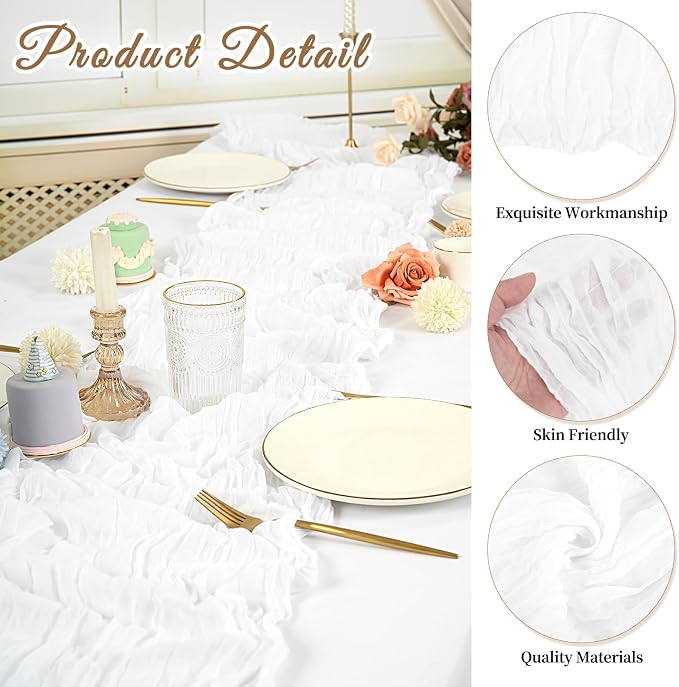 20 Pack Cheesecloth Table Runner 17 x 108 inch Long Boho Gauze Table Runners Semi Sheer Table Runner for Wedding Decor, Baby Shower, Birthday Party, Banquet (White)