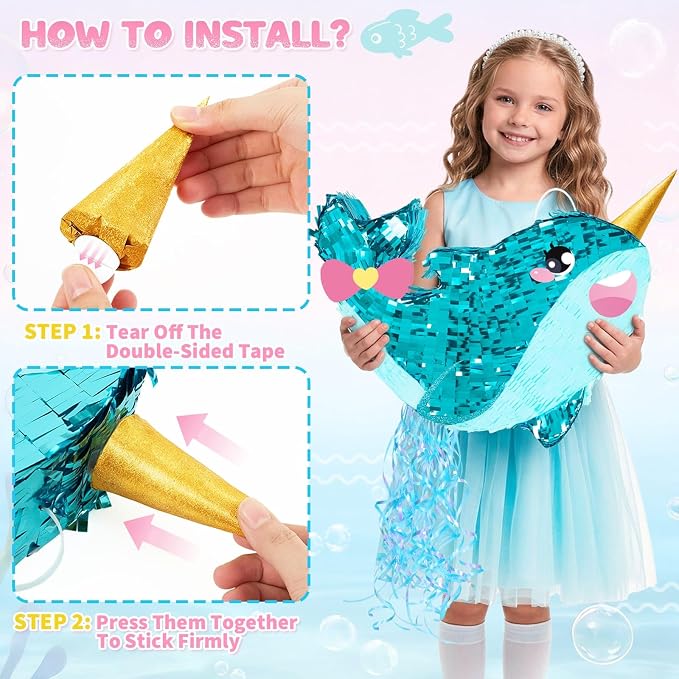 WERNNSAI Narwhal Piñata - Girl Narwhal Party Piñata Game Whale Ocean Themed Party Decor for Kids Under the Sea Classroom Decorations Summer Season Baby Shower Favors