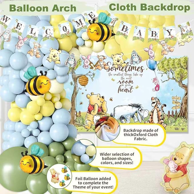 271 Pc Classic Winnie Baby Shower Decorations for Boy – All-In-1 Blue Pooh Baby Shower Balloon Arch, Vintage Pooh Bear Theme Party Decoration Kit with Backdrop, Banners, Baby Boxes, Sash & Table Décor
