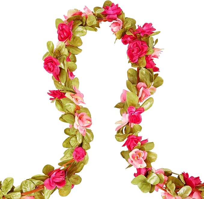 PONKING 6 Pcs x 8.2 ft Flower Garland Artificial Rose Vine Flowers with Green Leaves Hanging Fake Roses Vine for Room Party Home Wedding Birthday Christmas Wall Arch Decor, Fall Purple Flower