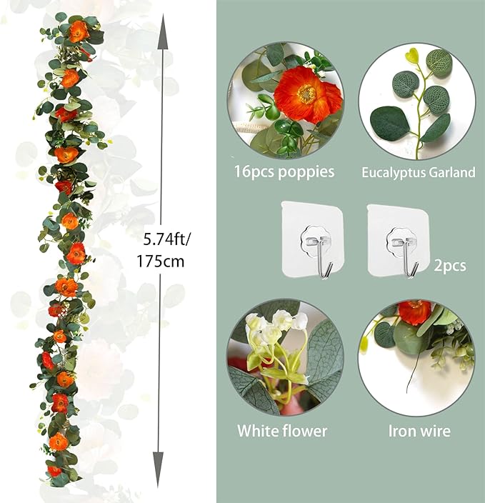 5.74 FT Artificial Poppies Flower Garland, Floral Garland Greenery Vines with Eucalyptus Hanging Flowers Vines for Home Wedding Mantle Table Outdoor Decor (Orange)