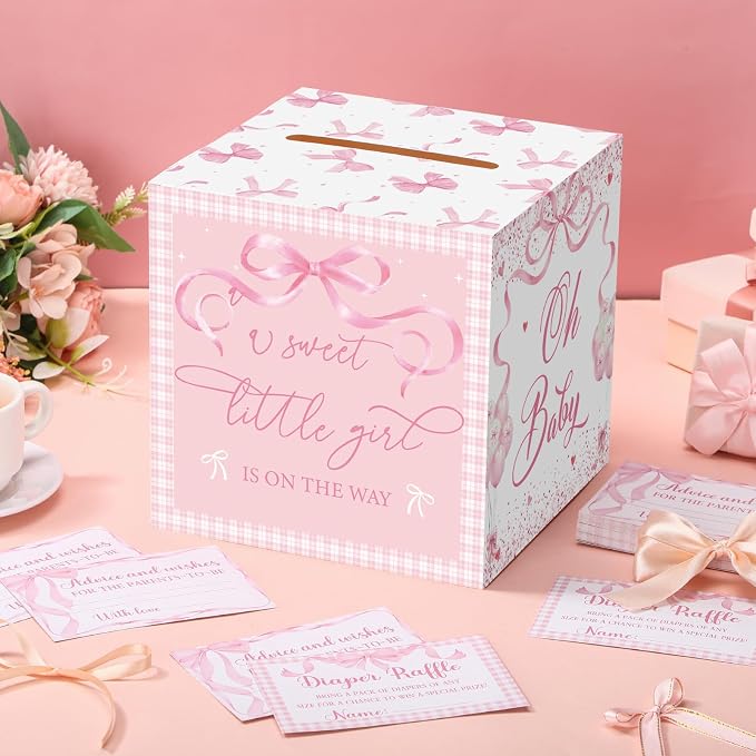 Teling 51 Pieces Diaper Raffle Tickets with Card Box Baby Shower Decorations Baby Shower Holder Box for Girl Boy Diaper Raffle Party(Pink Bow Style)