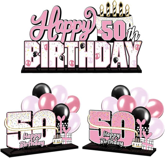 LINGTEER Happy 50th Birthday Pink Acrylic Table Topper Centerpieces Set - Cheers to 50 Years Old Birthday Fifty Bday Party Gift Decorations.