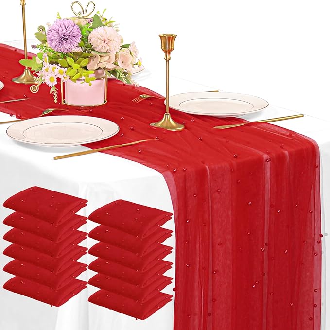 Fivenl 12 Pack 10FT Pearl Table Runner 30x120 Inch Red Tulle Fabric Boho Rustic Sheer Table Runners Lace Table Cloth for Wedding Bridal Shower Birthday Party Arch Veil Dessert Table Decor (Red)
