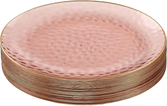 PLASTICPRO 30 Pack Hammered Plastic Plates Heavyweight Disposable Plastic Plates Elegant Rose Color with Gold Rim Platsic Party Dishes (Hammered Rose With Gold Rim, 9'' INCH PLATES)