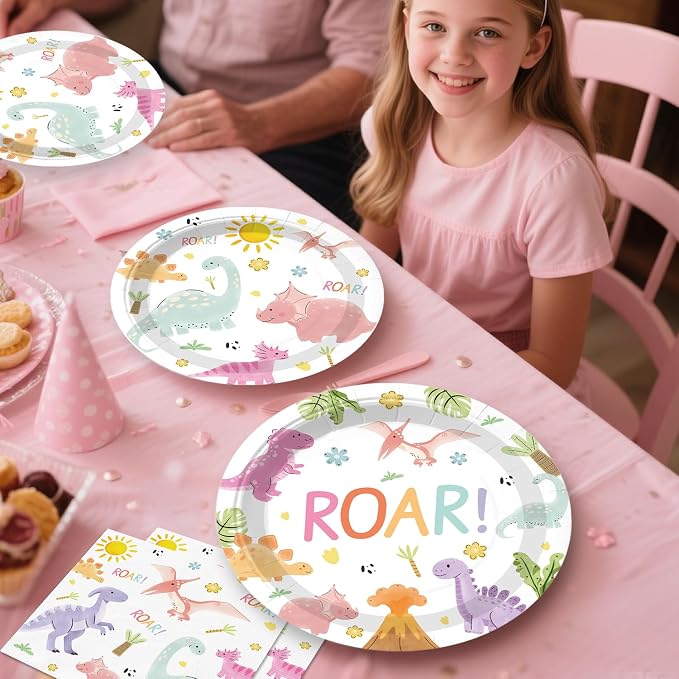 Pastel Dinosaur Birthday Decorations Girl, Dinosaur Birthday Banner, Cupcake Toppers, Disposable Table Cloth, Plates and Napkins Serve 50 Guests, Pink Watercolor Cute Girls Dino Theme Party Supplies