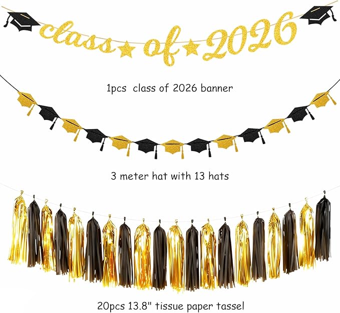 Black Gold Graduation Party-Decorations Garland - 36pcs Congrats Grad Class 2026 Banner,Hat Hanging Streamers,College High School Congratulations Master Celebration Classroom Backdrop Decor Burgleda