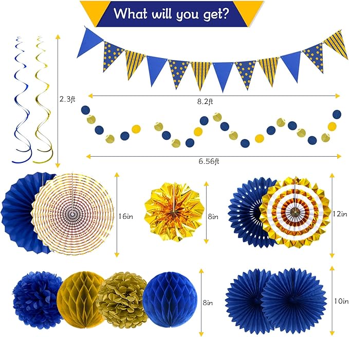 Blue Gold Party Decorations, Graduation Season Hanging Glitter Triangle Flags Banner Paper Fan Tissue Pom Poms Garlands, Boy Men Party, Bridal Shower, Navy Blue Themed Birthday
