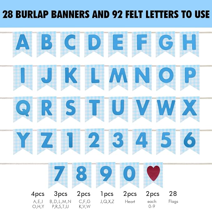 Custom Banner Kit, 28 Blue Printed Burlap Banner with 92 Felt Letters, Make Your Own Diy Customizable Kit for Birthday Wedding Party Decorations
