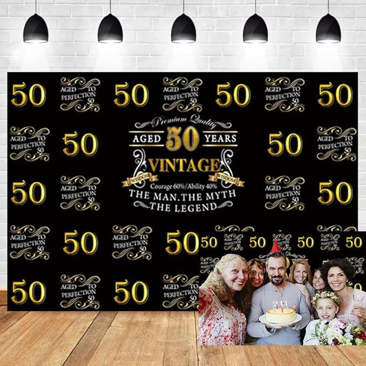 OERJU 6x4ft Happy 50th Birthday Backdrop for The Man The Myth The Legend Birthday Party Background Banner Black Gold Photography Photo Aged 50 Years Fifty Birthday Back Drops Vinyl Studio Props