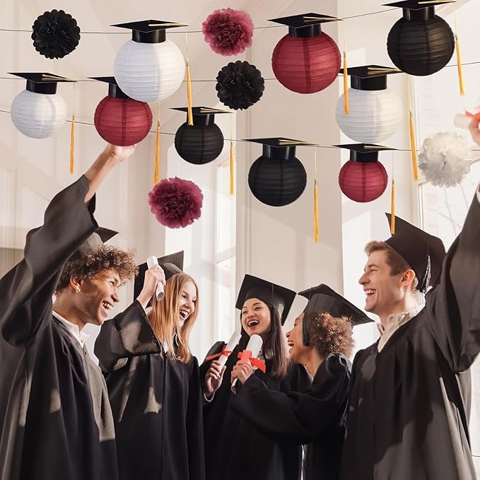 Gilprop 15 Pcs Black and Wine Red Graduation Decoration 2026 Paper Lanterns Graduation Party Decorations Hanging Round Paper Lanterns with Black Grad Hat Tassel for Congratulation Grad Decorations