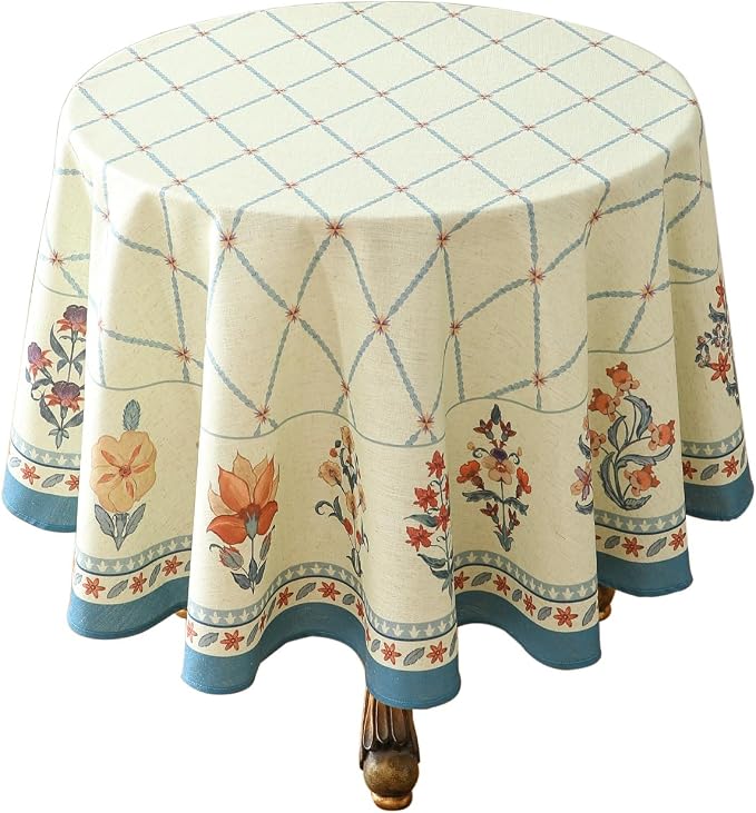 ISAENNE Designer Vintage Round Linen Tablecloth,Diameter 55"-Floralsea B | French Elegant Beautiful Durable Printed Table Cloth,Floral Pattern,Decoration,Heavyweight,Dining,Kitchen,Thanksgiving