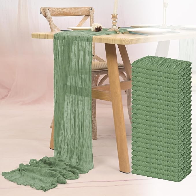 24 Pack Sage Green Cheesecloth Table Runner 10FT Boho Gauze Cheese Cloth Table Runner Rustic Sheer Fabric Table Runners for Wedding Bridal Shower Baby Shower Party(21.5×120 Inch)