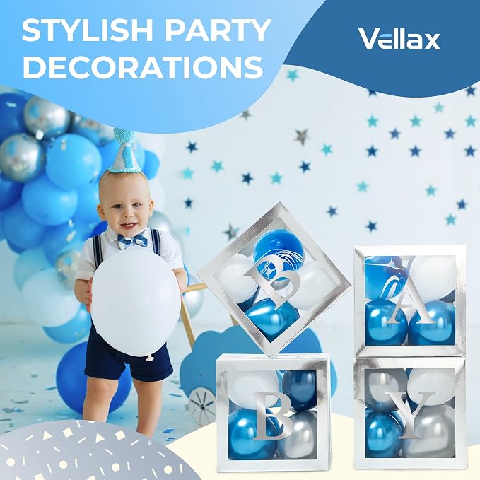 44-Piece Baby Shower Decorations for Boy or Girl - 4 Boxes with Letters and 32 Balloons - Stylish Silver and Blue - Gender Reveal Party Supplies - Photo Shoot Backdrop Prop