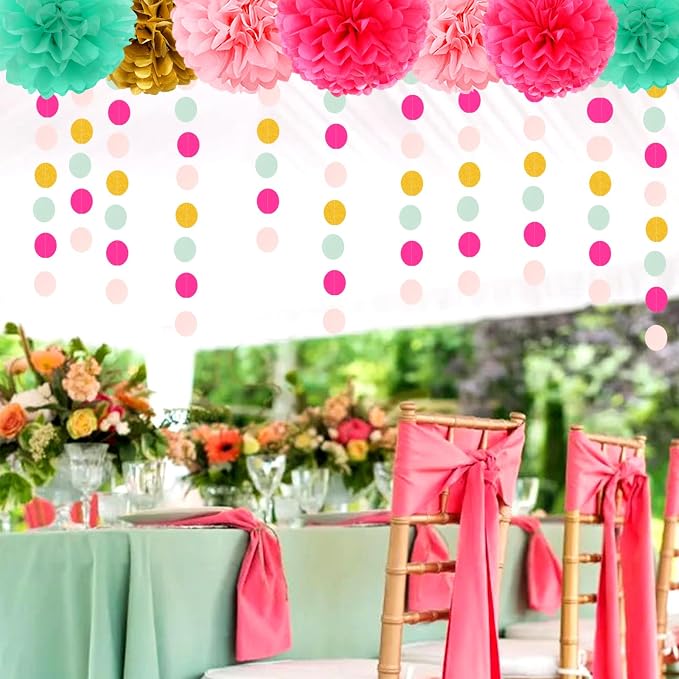 Mint Blush Hot-Pink Gold Party-Decorations - 30pcs Tissue Pom Poms Streamers, Girls Birthday Tassel Garland Banner,Wedding Engagement Baby Bridal Shower Bachelorette Brunch Decor Ouruola