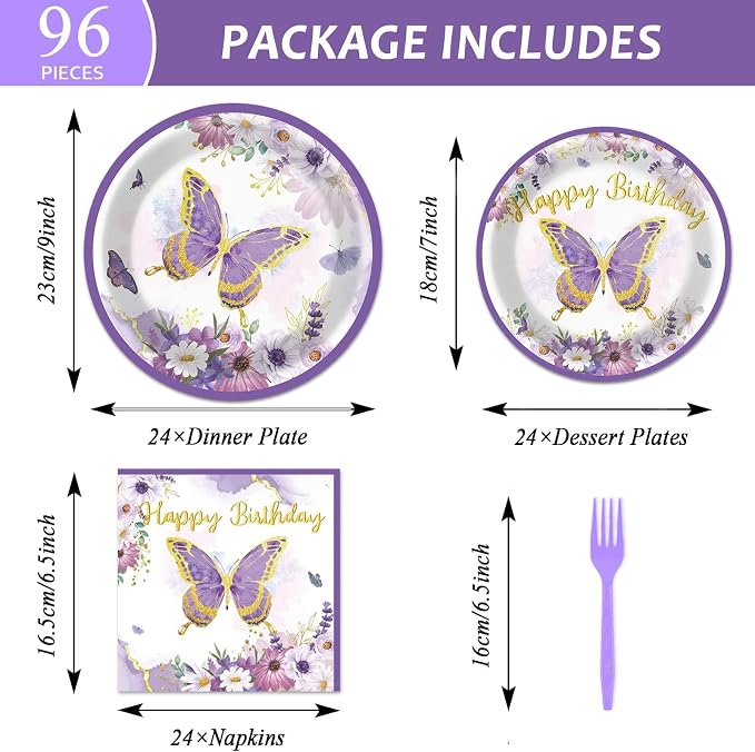 ZOIIWA 96 PCS Purple Butterfly Birthday Party Tableware Set - Butterfly Themed Party Decorations, Plates, Napkins, Forks for Girls, Women, Baby Shower Favors
