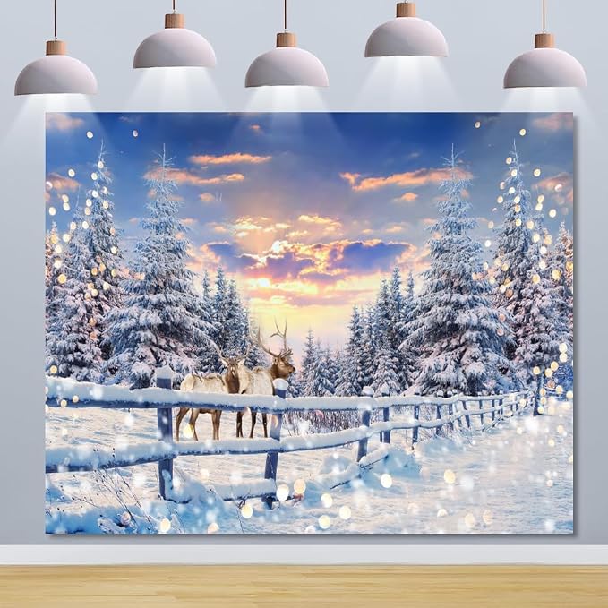 Winter Wonderland Christmas Backdrop 12x10ft for Photography Forest Reindeer Snow Winter Scene Backdrop for Pictures Christmas Party Holiday Background Decorations Photo Booth