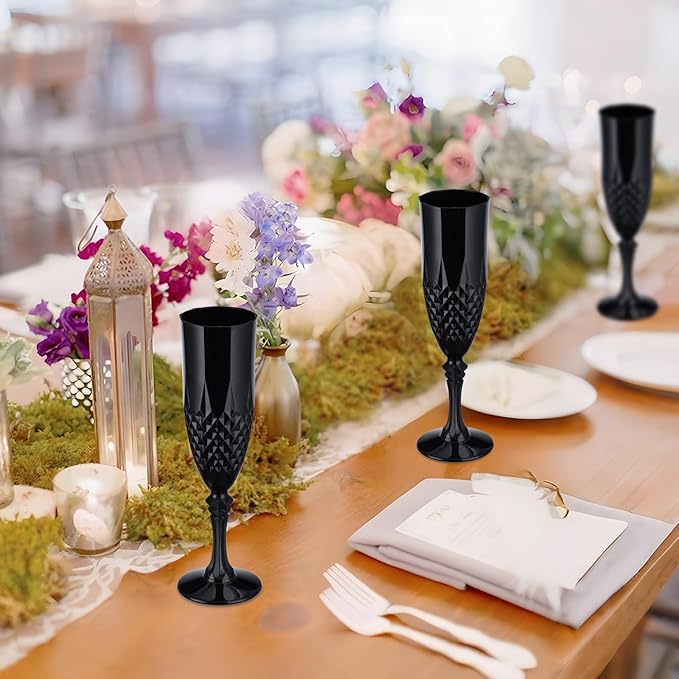 7.1OZ Plastic Champagne Flutes,48PCS Black Glassware Wine Glasses Goblets Shatterproof Mimosa Bar Reusable Vintage Champagne Flutes Stemmed Drinking Cups for Weddings ,Parties, Toasting,Halloween