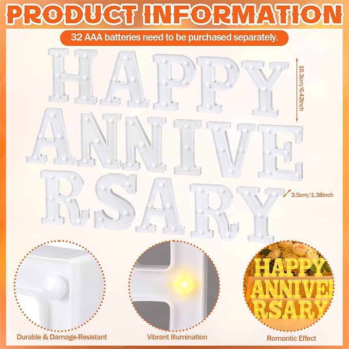 Honoson 16 Pcs Happy Anniversary Decoration Light up Letters Sign Wedding Anniversary Party Light LED Neon Table Decoration for Wedding Romantic Party Decor 32 (Aaa Batteries Are Required)
