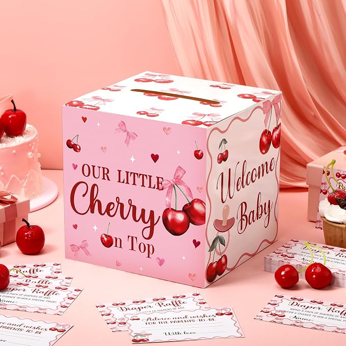 Teling 51 Pieces Diaper Raffle Tickets with Card Box Baby Shower Decorations Gender Reveal Holder Box for Girl Boy Diaper Raffle Party (Cherry Theme Pattern)