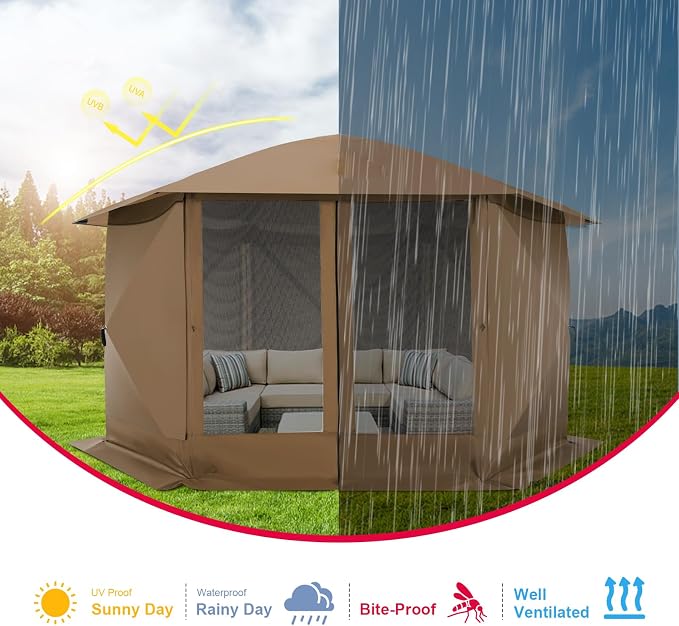 COBIZI 12x12 FT Pop Up Canopy Extendable Tent, Gazebos On Clearance with Removable Roof, Screened in Gazebo with sidewalls, Screen Tents Portable carpas para Patio for Outdoor Camping,Backyard,Brown