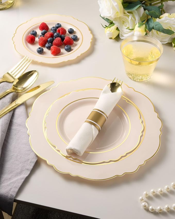 realluck 175 Piece Pink Plastic Dinnerware Set for 25 Guests Elegant Disposable Dinnerware for Weddings, Parties, 50 Plastic Plates, 25 Pre Rolled Napkins with Silverware, 25 Cups