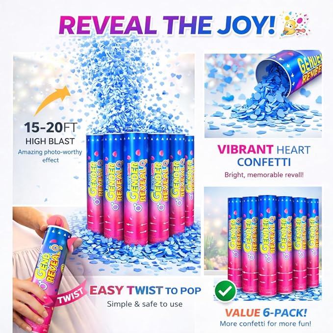 Gender Reveal Confetti Cannons – 6 Pack Blue Party Poppers – Baby Boy Gender Reveal Cannon Kit with Heart-Shaped Confetti – Easy Twist Shooters for Baby Reveal Party Decorations
