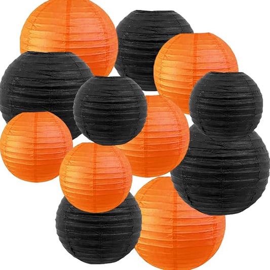 CC wonderland zone 12pcs Black and Orange Paper Lanterns,Hanging Paper Lanterns for Halloween Party Decorations