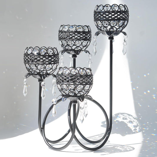 4 Arms Crystal Candelabra Tealight Holder - Tall 15.7 Inch Elegant Centerpiece with Crystal Pendant Bowls & Artistic Metal Stand for Wedding, Dining Table, Home Decor (1, Black)