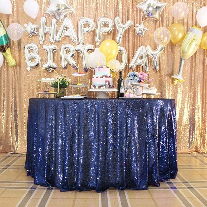 132 Inch Round Navy Blue Sequin Tablecloth, Metallic Large Glitter Sparkle Table Cloth for Dining Banquet Table, Sequin Table Linen for Graduation Wedding Party Decorations