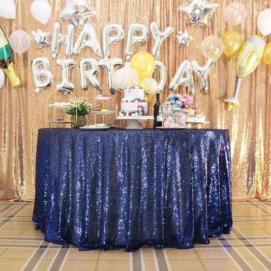 132 Inch Round Navy Blue Sequin Tablecloth, Metallic Large Glitter Sparkle Table Cloth for Dining Banquet Table, Sequin Table Linen for Graduation Wedding Party Decorations
