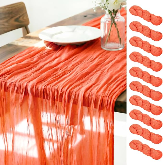 LINXTAR Orange Cheesecloth Table Runner 10 Pack 120 Inches 10Ft Gauze Summer Boho Table Runner for Wedding Tea Party Baby Shower Bridal Birthday Home Decoration