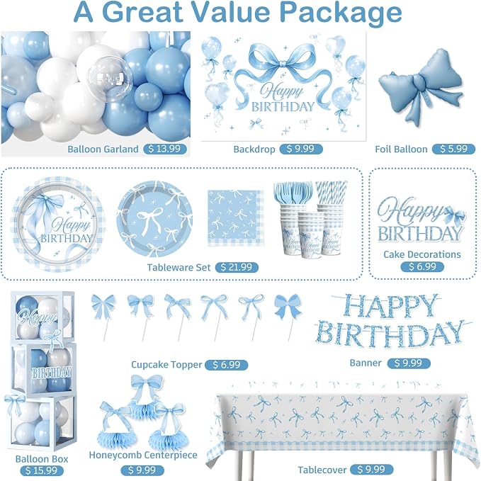 cocomigo 288 PCS Blue Bow Birthday Decorations, Hassle-Free One-Stop Set for 25 Guests, With Balloon, Backdrop, Fringe Curtains, Plates and Napkins, Easy Setup for Bow Themed Party