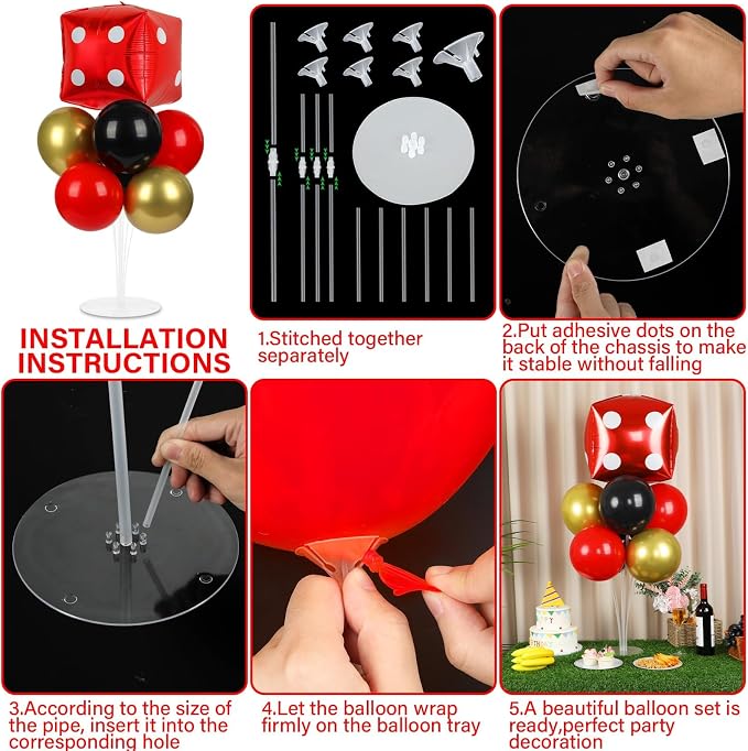 Naozinebi Casino Party Balloons Stand Kit 2 Sets with 2 Dice Foil Balloons Casino Night Theme Party Balloon Centerpiece for Tables for Poker Las Vegas Game Night Birthday Party Decorations