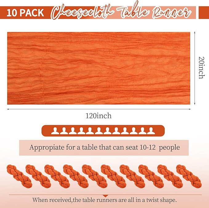 10 Pack Orange Table Runner 10Ft Cheesecloth Table Runner Boho Gauze Cheese Cloth Table Runners Romantic Long Sheer Fabric Burnt Orange Table Runners for Wedding Party Bridal Shower