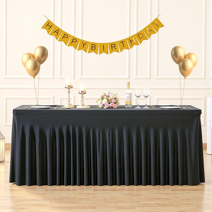 Suppromo 6ft Black Spandex Tablecloths for Rectangle Tables Wrinkle Free Black Table Cloth Rectangle Stretch Fitted Table Cover with Skirt for Wedding Birthday Party Banquet Baby Shower Buffet Event