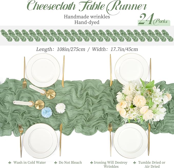 24 Packs Sage Green Table Runner, Charming Cheesecloth Table Runner 17 x 108inch, Gauze Boho Wedding Decoration Rustic Sheer Fabric Cheese Cloth Table Runners for Wedding Party Bridal Shower
