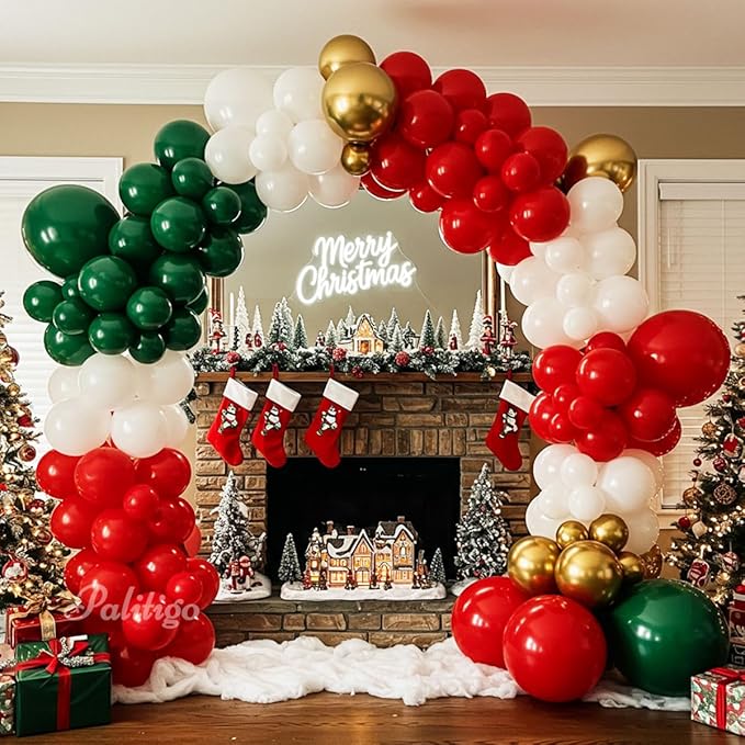 Christmas Balloon Arch Kit 140pcs Double Stuffed Green Red White & Gold Balloons Garland, Merry Christmas Balloons Arch Decorations for Holiday Party Backdrop & Merry Xmas Balloons Decor Supplies