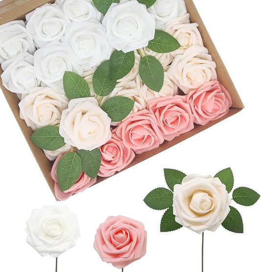 JOYLEX Artificial Flowers Realistic Roses, Real Looking Fake Roses with Stem for DIY Wedding Bouquets Centerpieces Bridal Shower Party Romantic Decorations (25pcs, White/Cream/Light Pink)