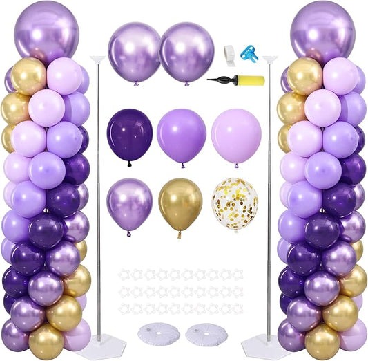 Purple and Gold Balloon Column Stand Kit Set of 2 for Floor Purple and Gold Balloon Arch Kit with 120PCS Balloon Towers for Wedding Anniversary Baby Shower Birthday Party Decorations