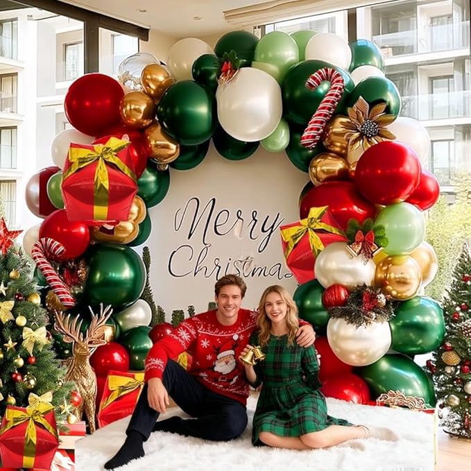 Christmas Balloon Arch Kit, Double Stuffed Dark Green Red Pearl White Gold Balloons Emerald Green Burgundy Balloon Garland for Christmas New Year Xmas Birthday Wedding Festival Party Decorations