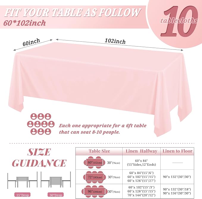 10 Pack 60 x 102 Inch Rectangle Tablecloth, Pink Tablecloth for 6 Feet Rectangle Tables, Stain and Wrinkle Resistant Washable Fabric Table Cloth for Wedding Dining Table Buffet Parties Camping