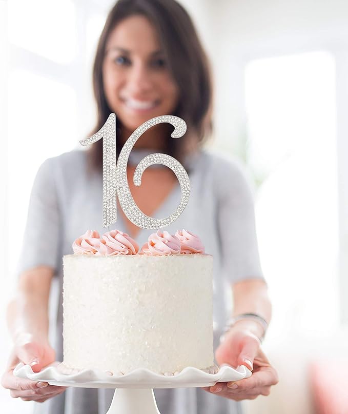 16 Cake Topper - Premium Silver Metal - Sweet 16 Birthday Party Sparkly Rhinestone Decoration Makes a Great Centerpiece - Now Protected in a Box