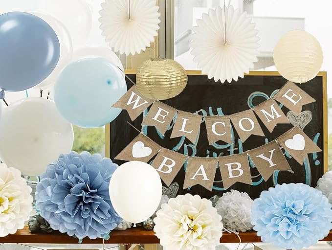 Baby Shower Decorations for Boys with Rustic Burlap Welcome Banner and Dusty Blue Balloons Paper Party Supplies (Pastel Blue + Gold)