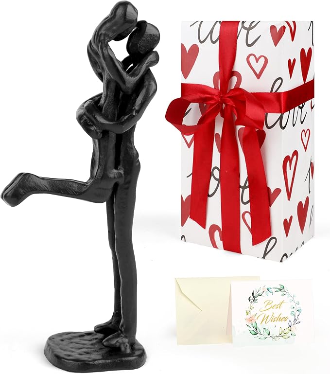 Kresecioo Loving Couple Iron Sculpture, Black Metal Couple Statue in Love, Wedding Anniversary Romantic Gifts for Wife Husband Women Men Girlfriend Boyfriend, Birthday Gifts for Wife Girlfriend