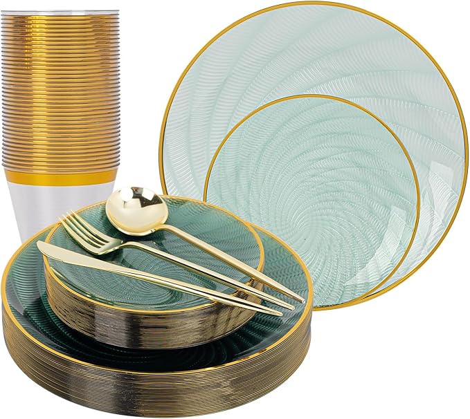 N9R 180 PCS Disposable Dinnerware Set with Gold Rim for 30 Guests,Green Plastic Plates Include 30 Dinner Plate, 30 Dessert Plates, 30 Cups, 90 Heavy Duty Gold Plastic Silverware for Party & Wedding